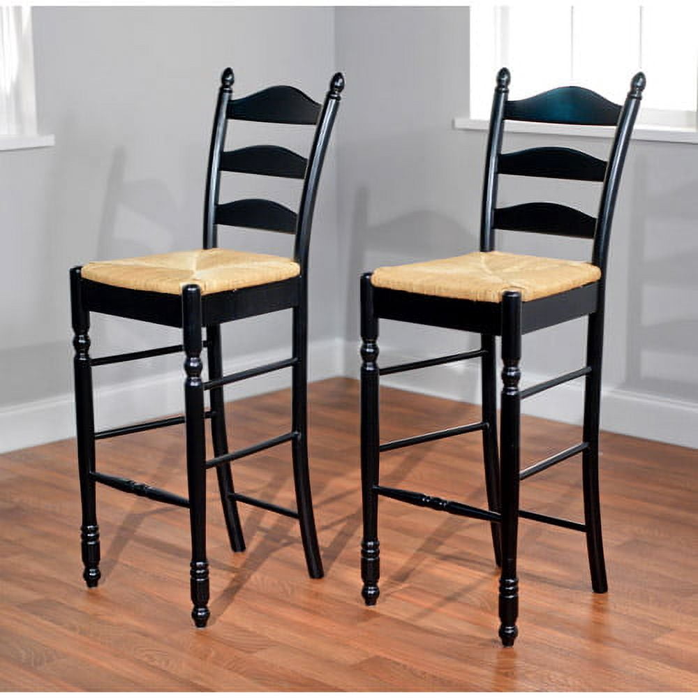 TMS 30" Indoor Ladder Back Bar Stool with Rush Seat, Set of 2, Black
