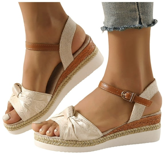 IUJSOY Espadrilles Wedge Sandals for Women with Bow Tie Cute Summer Heels with Ankle Strap