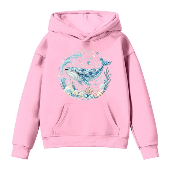 ZHOGXU Boys Girls Whale Wave Seashell Ocean Graphic Pullover Hoodie Long Sleeve Warm Sweatshirt Top With Pocket For Kids Youth Loose Fit Everyday Wear,Pink,12-13 Years
