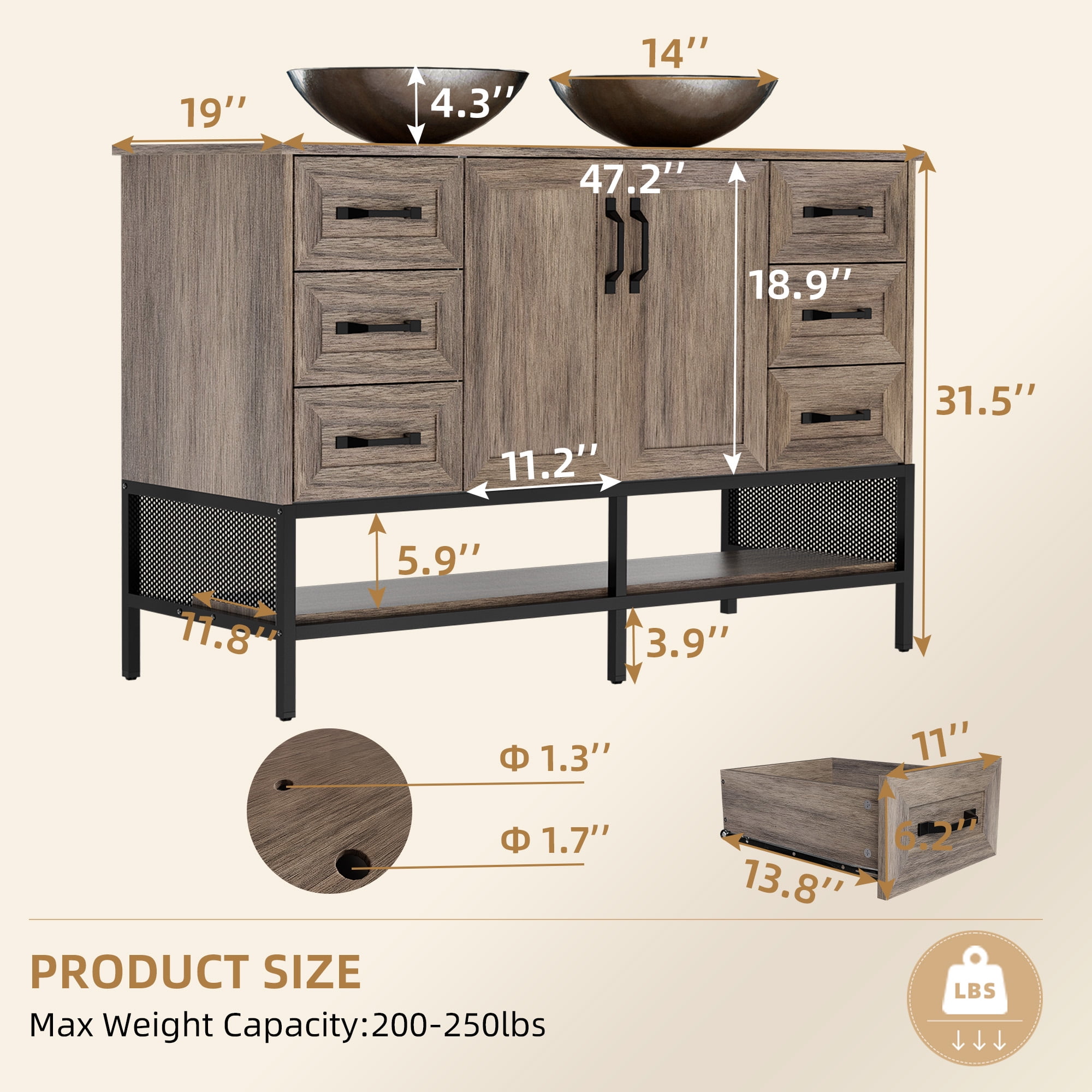 48 Inch Bathroom Vanity with Double Sink, Freestanding Cabinet with Open Shelves and 6 Storage Drawers, Modern Iron Wood Cabinet with Countertop Tempered Glass Vessel(Ship in 2 Boxes)