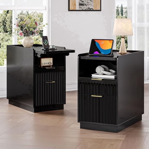 Laisnet Wood Fluted End Tables Set of 2 with 2 Drawers & Charging Station, Nightstand for Living Room Bedroom, Black