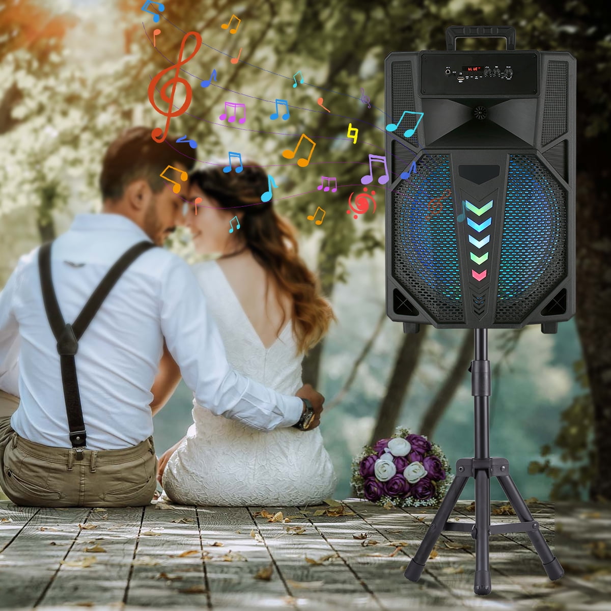 15" Woofer Portable Wireless Party Speaker with Microphone, Stand, LED, Black,USB/TF/BT/AUX/FM/TWS