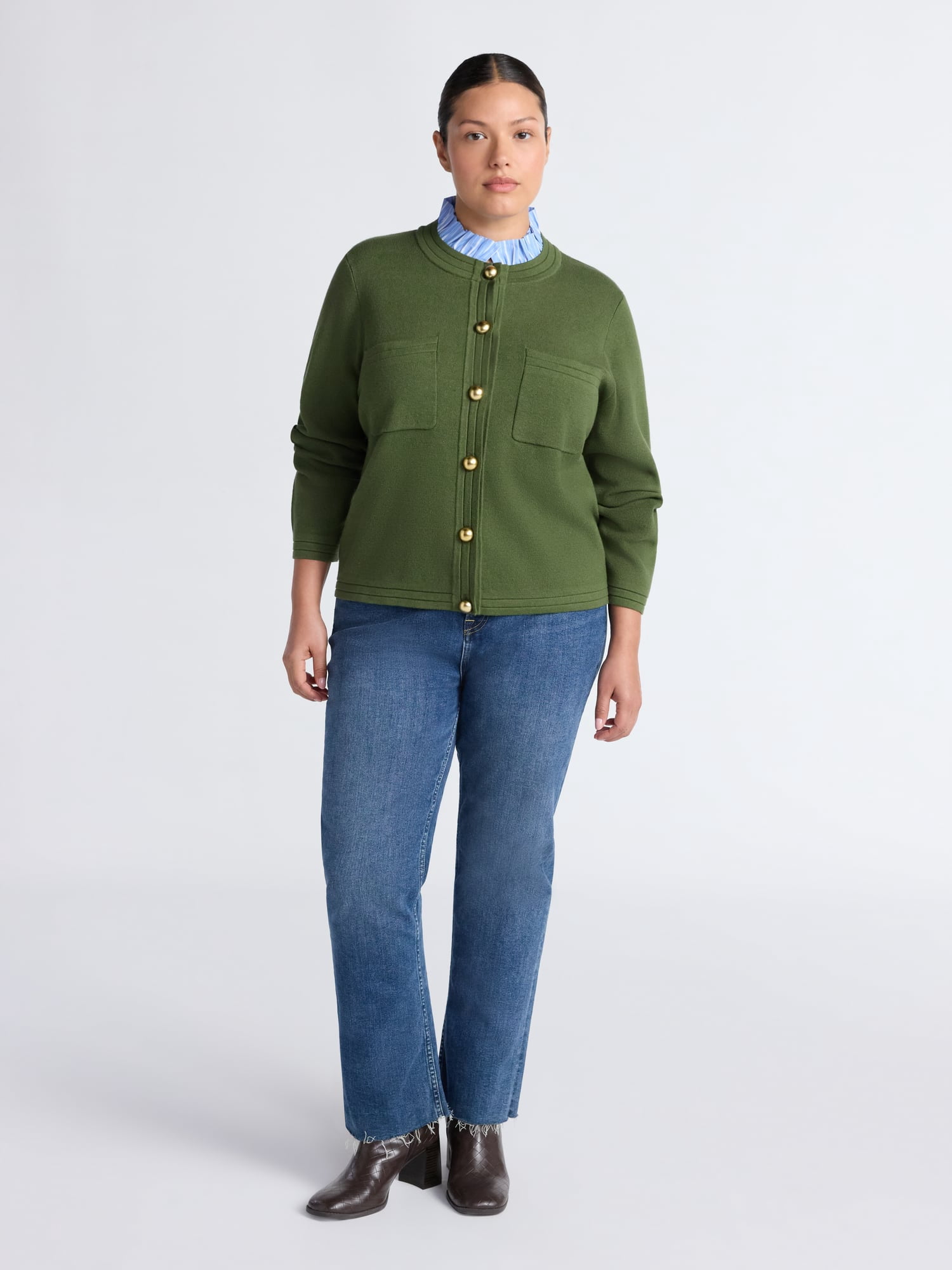 Free Assembly Women's and Women's Plus Ruffle Neck Chest Pocket Cardigan, Sizes XS-4X