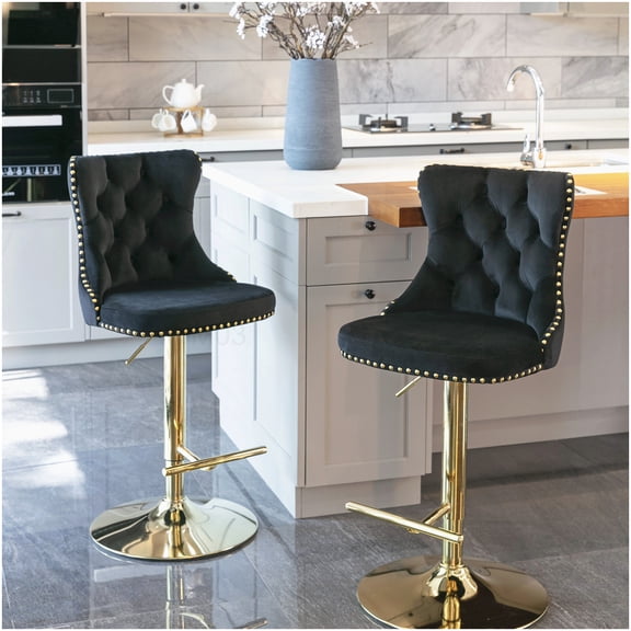 Set of 2 Adjustable Swivel Bar Stools with Tufted Back, Modern Velvet Barstools for Kitchen Island, Black and Gold Pub Stools