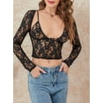 thumbnail image 4 of Sexy Club Party Low Cut T Shirt Vintage Floral Lace Sheer Crop Tops 2 Piece Set Matching Bralette Women Long Sleeve Tee, 4 of 10