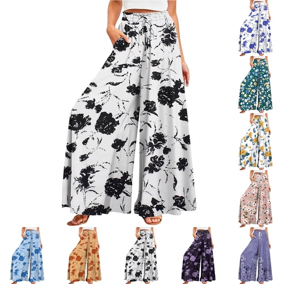 Women's Summer Wide Leg Palazzo Pants Spring Casual High Waisted Flowy Trousers Boho Beach Vacation Outfits (Dark Purple XXXXXL)