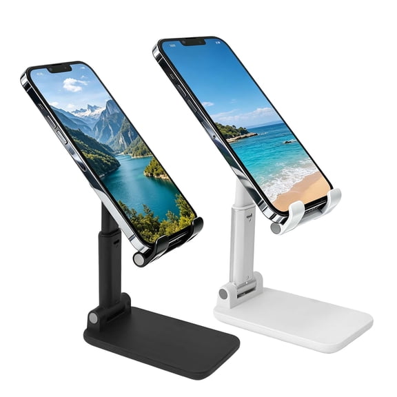 Angle Height Adjustable Cell Phone Holder with Silicon Pad for Desk Fully Forldable Mobile Phone Holder Compatible with All Mobile Phones, 2 Pack (White & Black)