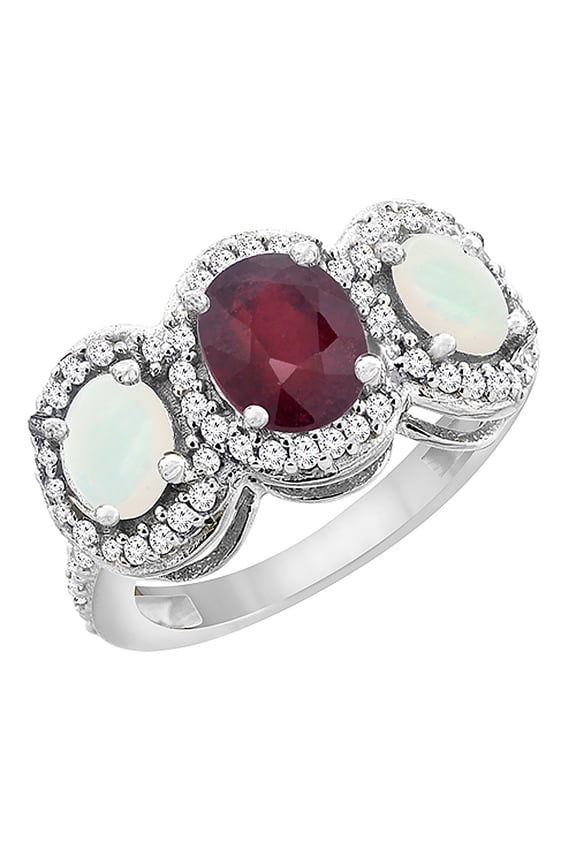 14K White Gold Enhanced Ruby & Opal 3-Stone Ring Oval Diamond Accent, size 5
