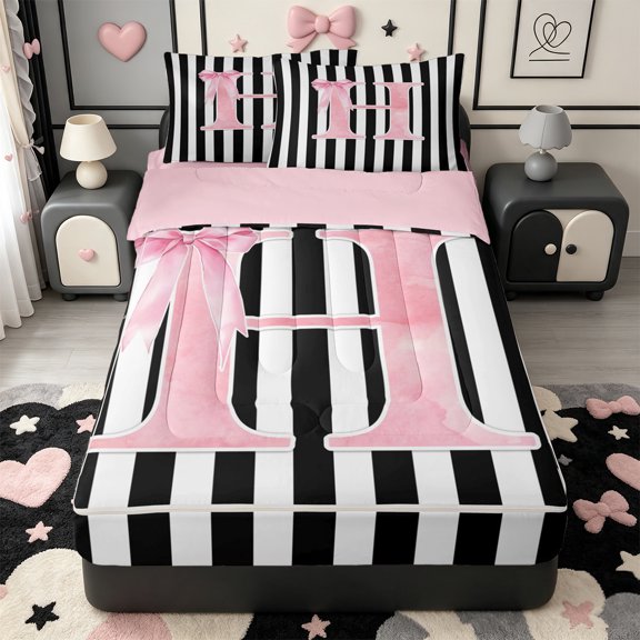Manfei Minimalist Geometric Lines Zipper Twin Comforter Sets with Fitted Sheet and 2 Pillowcases,Initial Alphabet Zipper Bedding Set,Pink Reversible,4-Piece