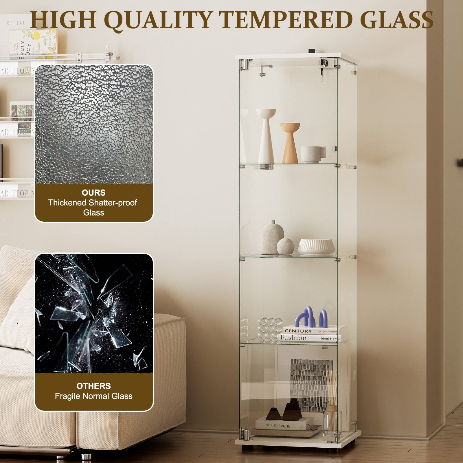 Easy4Home 4-Shelf Glass Display Cabinet with Lock, 64"H Freestanding Curio Display Showcase for Collectibles with Single Glass Door, White