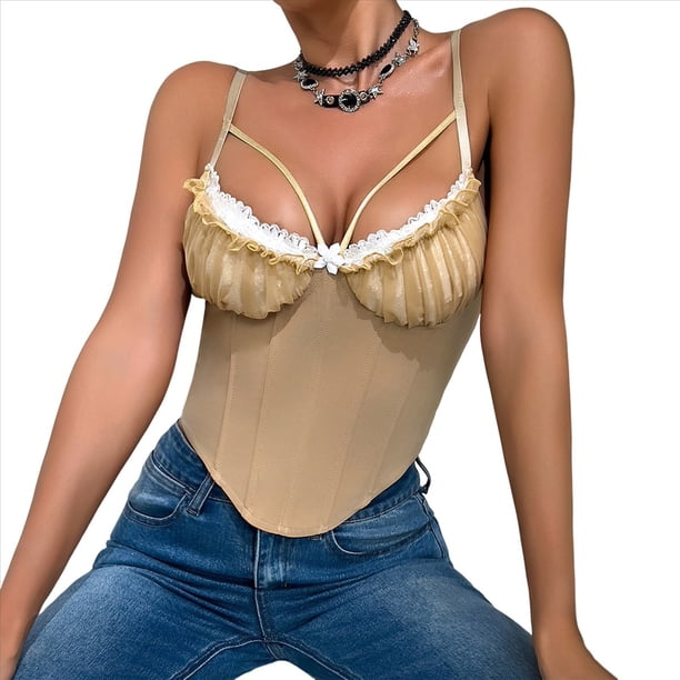 Corsé con Cuello en V, Tirantes Ajustables y Ribete de Encaje con Volantes para Mujer Top Corto Moldeador Caqui M