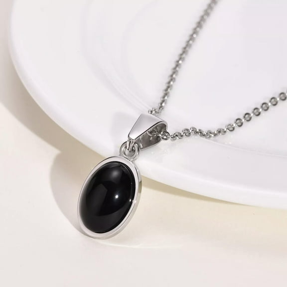 HOOUN Silver Stainless Steel 20mm Agate Black Stone Oval Pendant Necklace Chain 20''