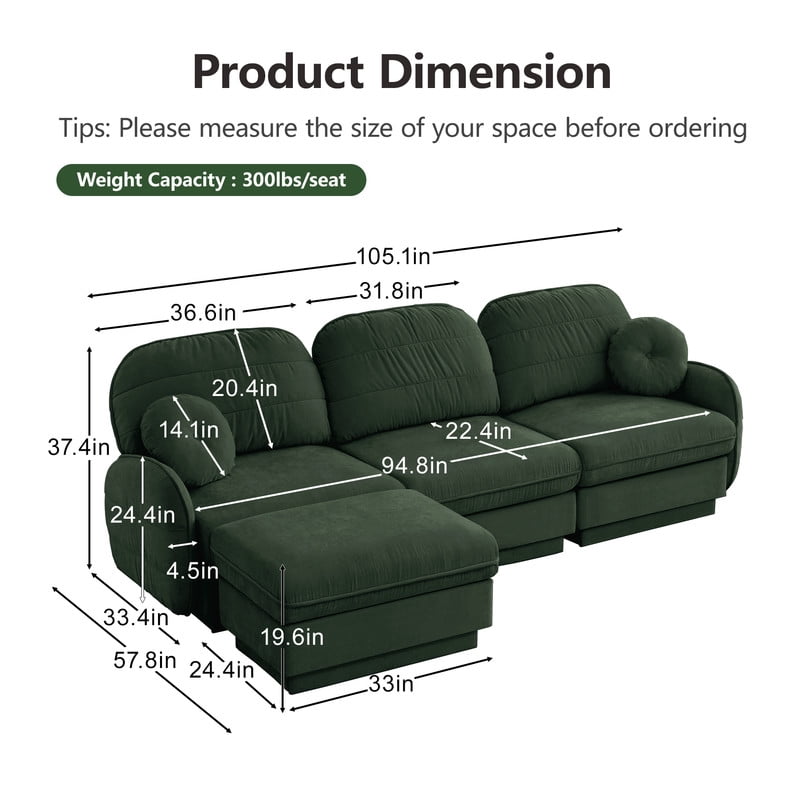 Chenille Modular Sofa with Ottoman, 3-Seater Deep Seat Cloud Couch, Convertible Sectional Sofa with Quilted Cushions & Round Pillows, Modern Sofa for Living Room, Apartment,Green