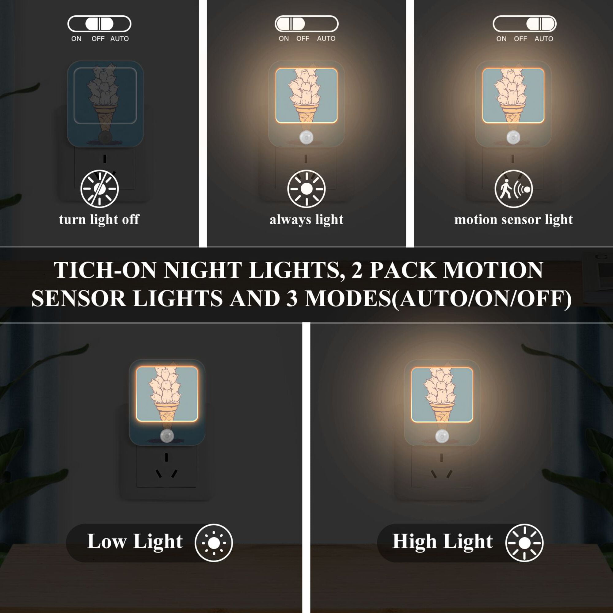 Yayeee LED Night Lights with Motion Detectors Auto Dusk to Dawn Light Sensors, 2 Pack, Ice Cream Cat