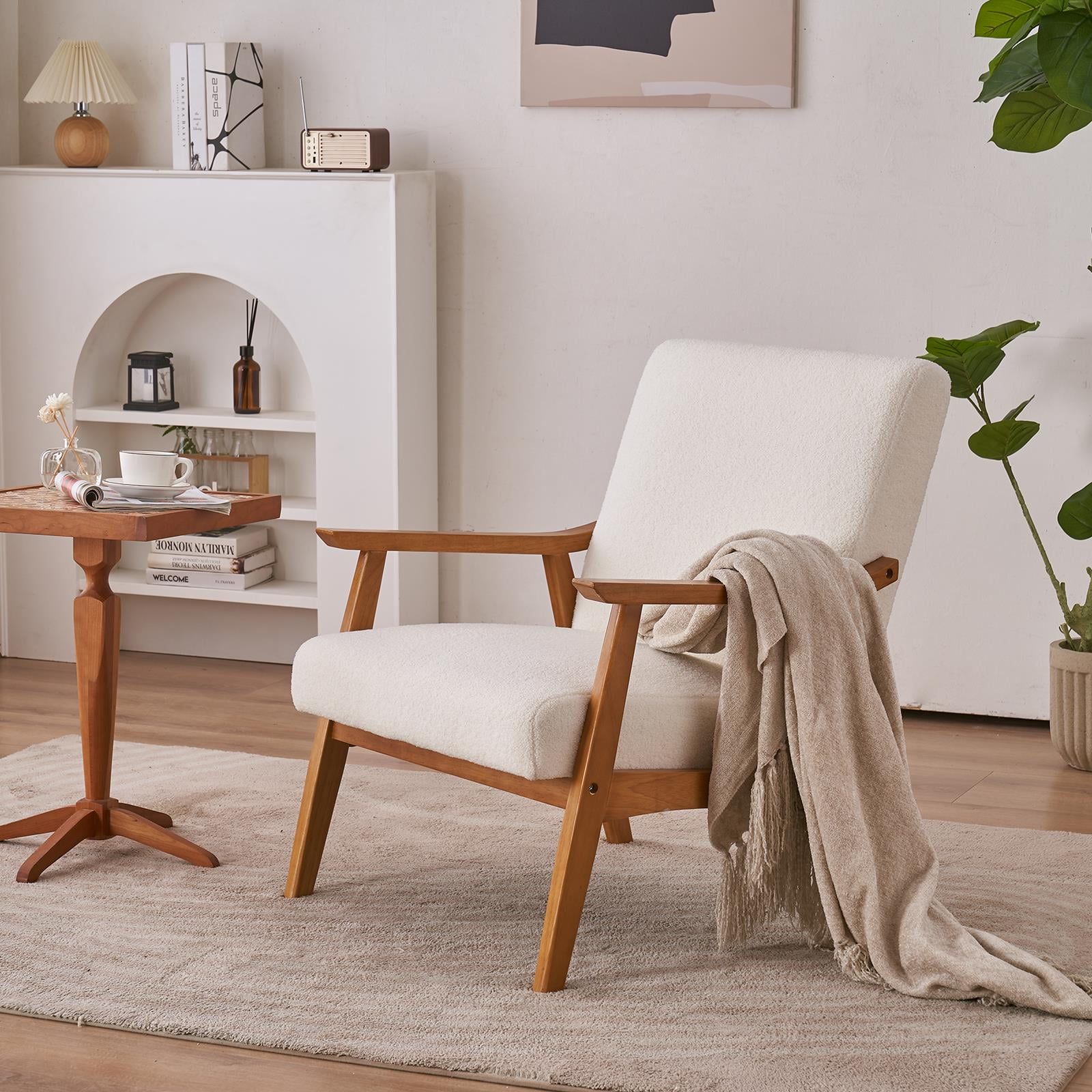 Ubesgoo Mid Century Retro Accent Chair, Wood Frame Arm Chair, Teddy Velvet  Fabric Modern Lounge Chair For Living Room Bedroom Balcony Beige -  Walmart.Com
