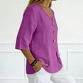 thumbnail image 4 of Linen Shirts for Women Summer Tops Button Down V Neck 3/4 Sleeve Boho Cotton Blouses Casual Loose Basic Solid Tunic Tops Purple 2XL, 4 of 7