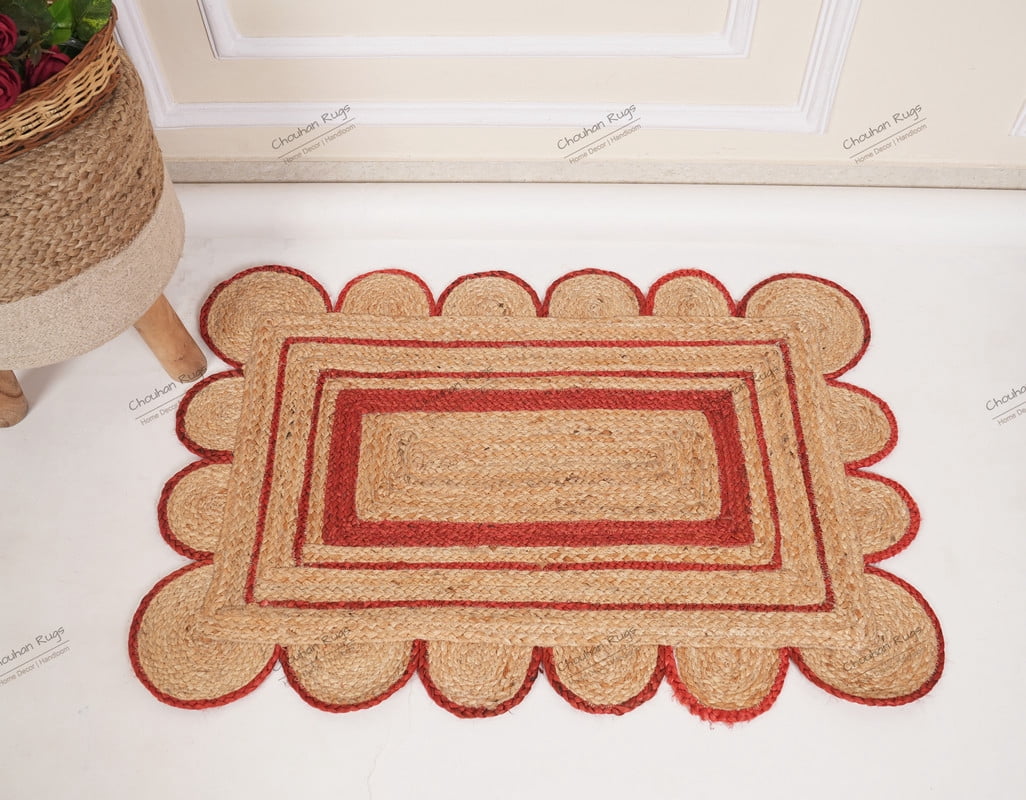 Rectangle Rug Natural Jute Rug Hand Braided Beige and Red Color Scalloped Area Rug