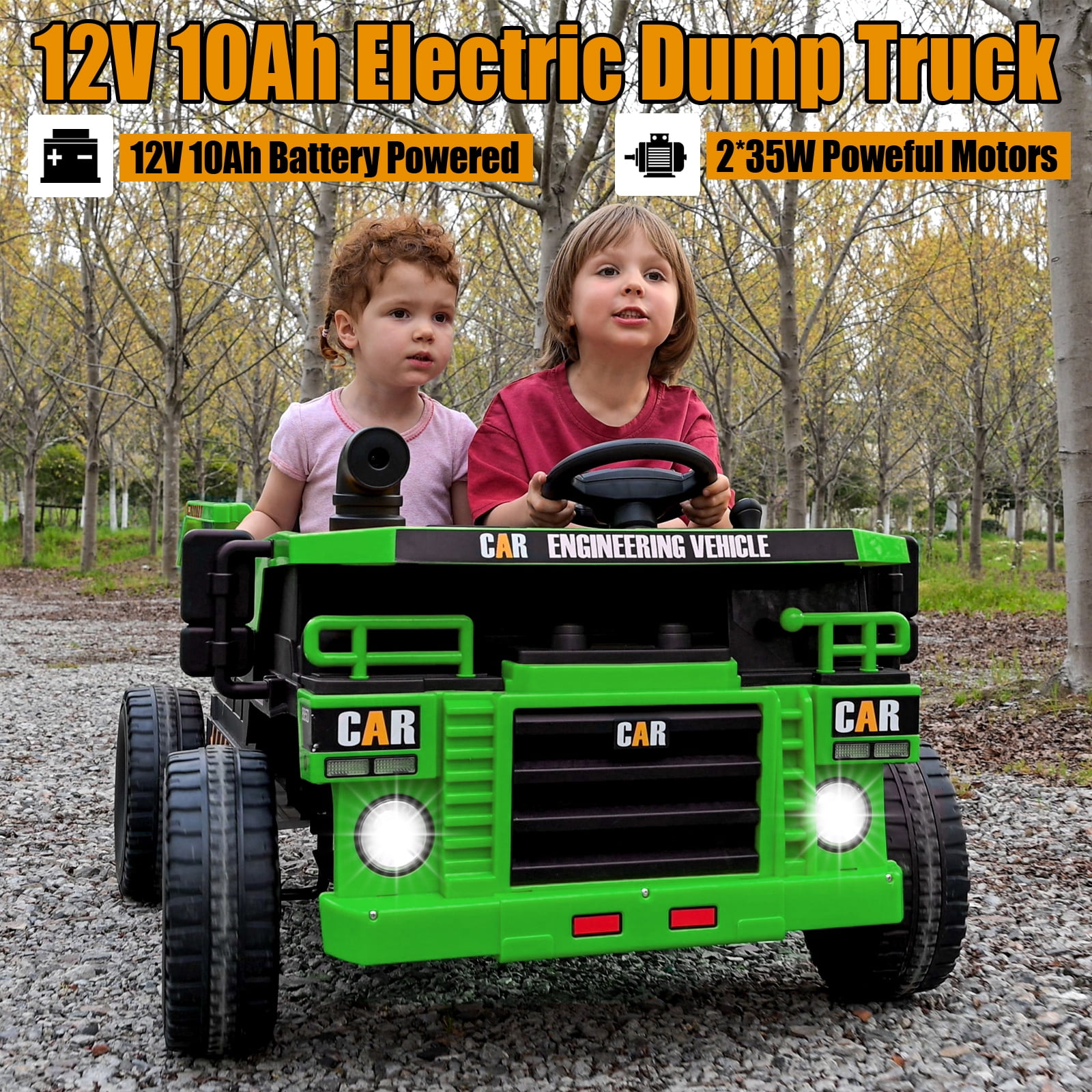 FINITO 12V 10Ah Ride on Tor for Toddlers, Powerful 4 Wheels Electric Dump Truck, 2 Seater Kids Ride on Car w/Parent Remote Control, Music Bluetooth, Green