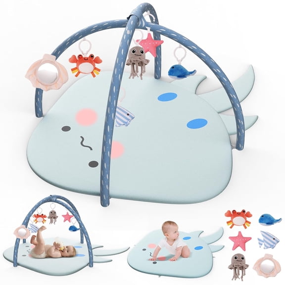 OMZER Baby Play Gym Mat for Infant & Newborn, Baby Activity Mat with 6 Detachable Hanging Toys for Sensory & Motor Skill Development, Ocean Style Playgym