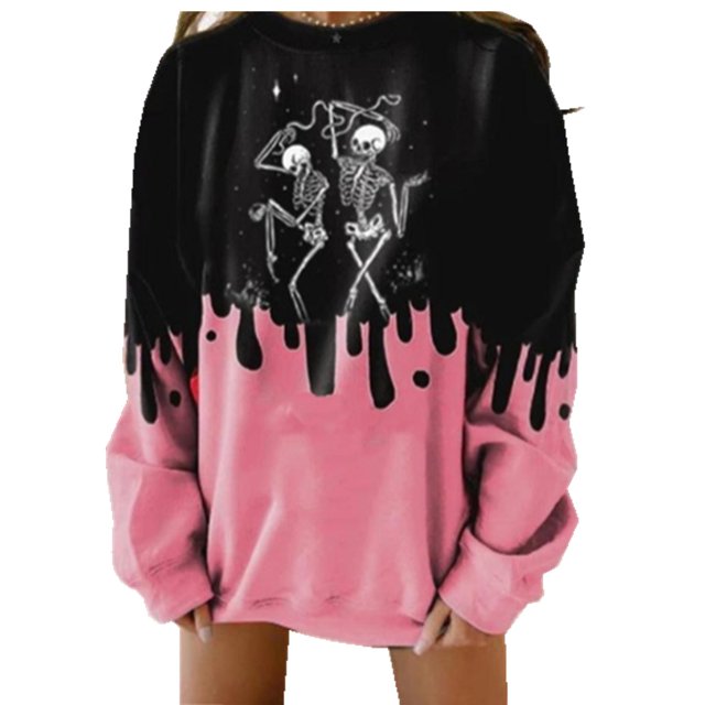 Suéter informal de manga larga con estampado de esqueleto navideño y efecto tie-dye para mujer