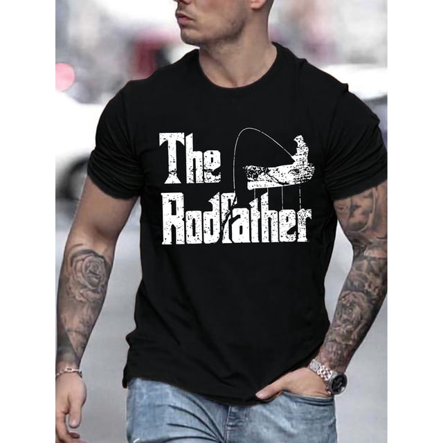 Polyester Slight Stretch Crew Neck Fishing Theme Casual T-Shirt with Rodfather Print for Men - Summer Wear