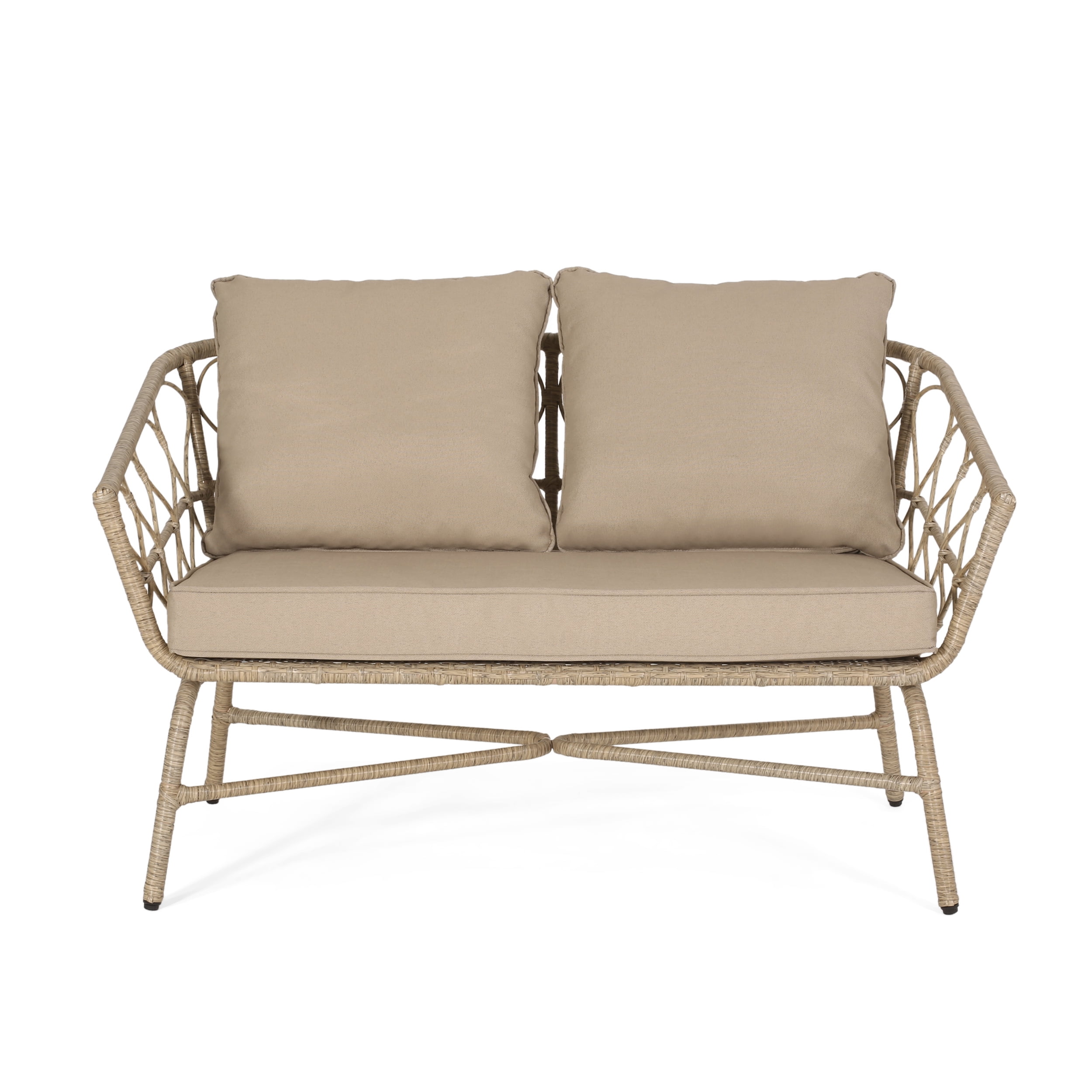 Outdoor Wicker Weave Double Seat Sofa, Leisure Couch for Patio Garden, Light Brown and Beige