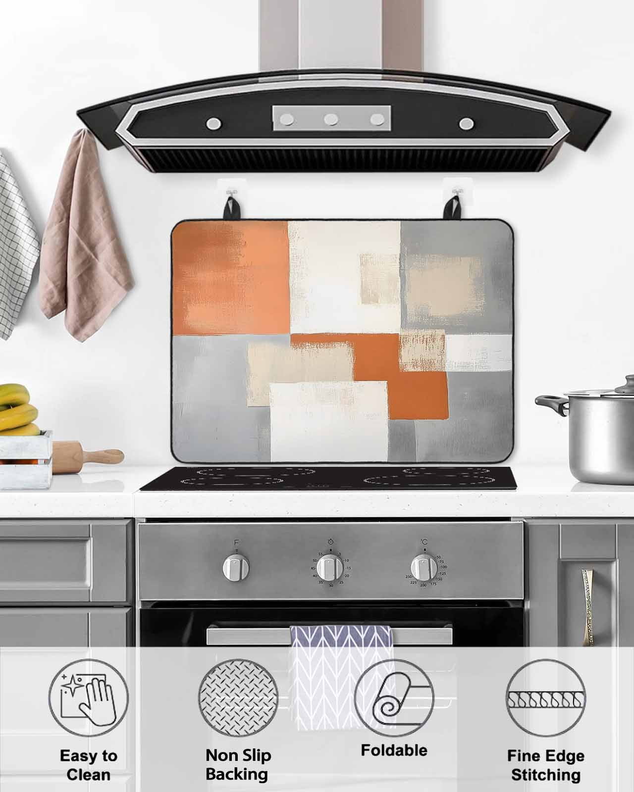 nqOlkjepod Large Induction Cooktop Protector Mat 24"x21", Abstract Orange Grey Stove Top Covers for Electric Stove, Vintage Simple Color Blocks Stove Burner Cover Mats, Glass Top Stove Cover