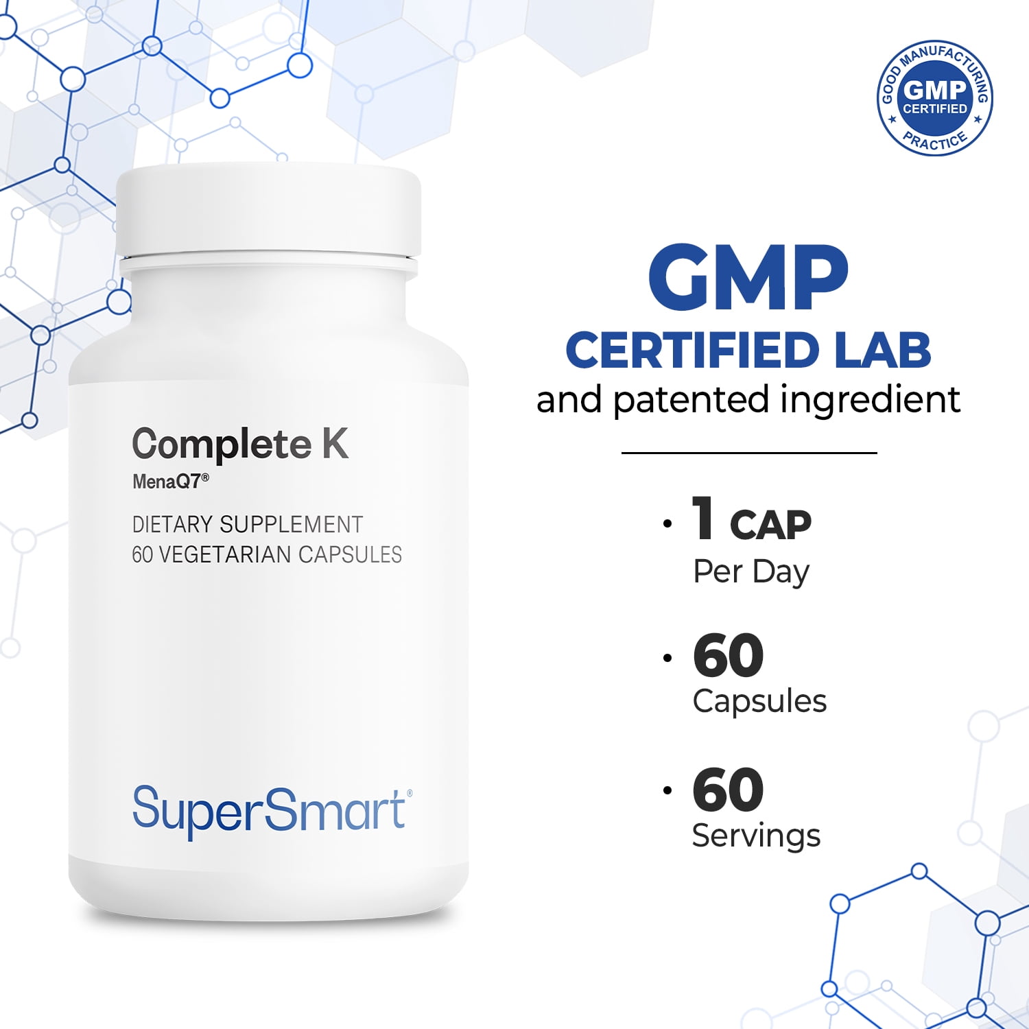 SuperSmart - Complete K - with Vitamin K1, K2 (MK-4 + MK-7) | Non-GMO & Gluten Free - 60 Vegetarian Capsules