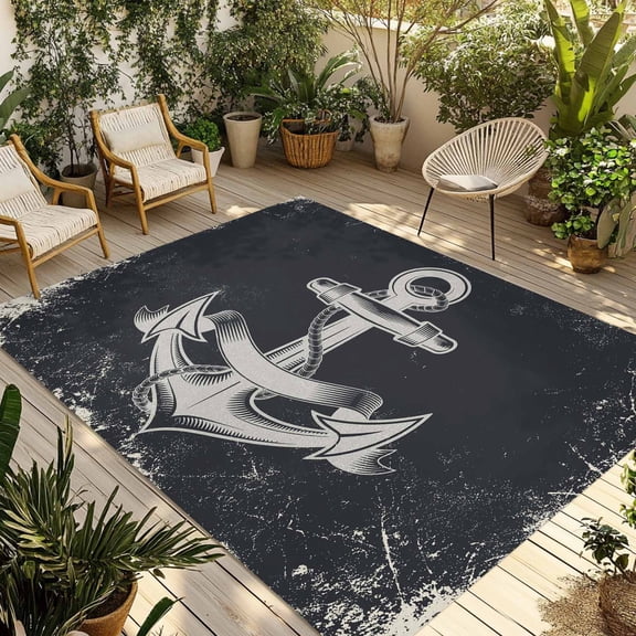 Black Anchor Outdoor Rug for Patio/Deck/Porch, Non-Slip Large Area Rug 3 x 5 Ft, Nautical Coastal Summer Vintage Ocean Indoor Outdoor Rugs Washable Area Rugs, Reversible Camping Rug Carpet Runner