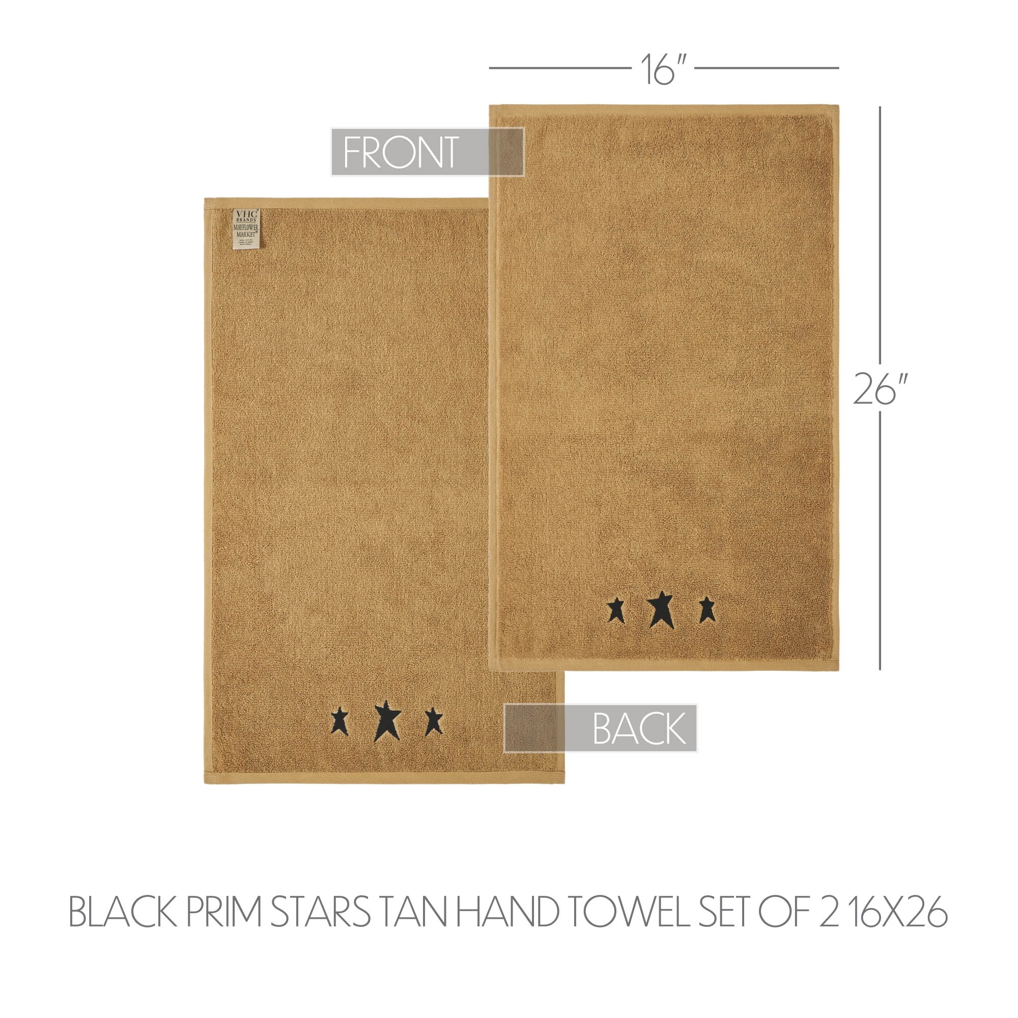 VHC Brands Black Prim Stars Tan Hand Towel Set of 2 16x26