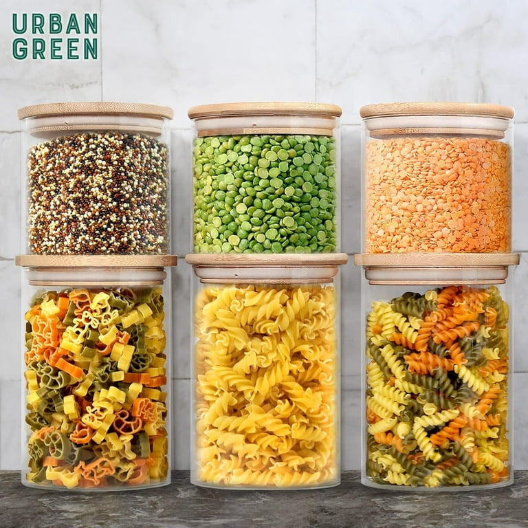 Urban Green Glass Jars with Bamboo Lids, Glass Airtight Canisters sets,  Glass Food Storage Container, Pantry Organization and Storage Jars, Kitchen