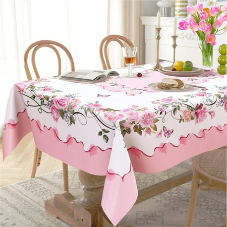 

Pink Rectangle Tablecloth Rose Flower Printed Tablecloth Spring Summer Waterproof Floral Tablecloth 60x84inch Suitable for Indoor and Outdoor Holiday Kitchen Restaurant and Party