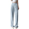 thumbnail image 2 of Loose Fitted Summer Pants Trousers New Women's Casual Loose Full Length Pants High Waist Button Wide Leg Trousers Dress Business Work Pant Light Blue S, 2 of 6