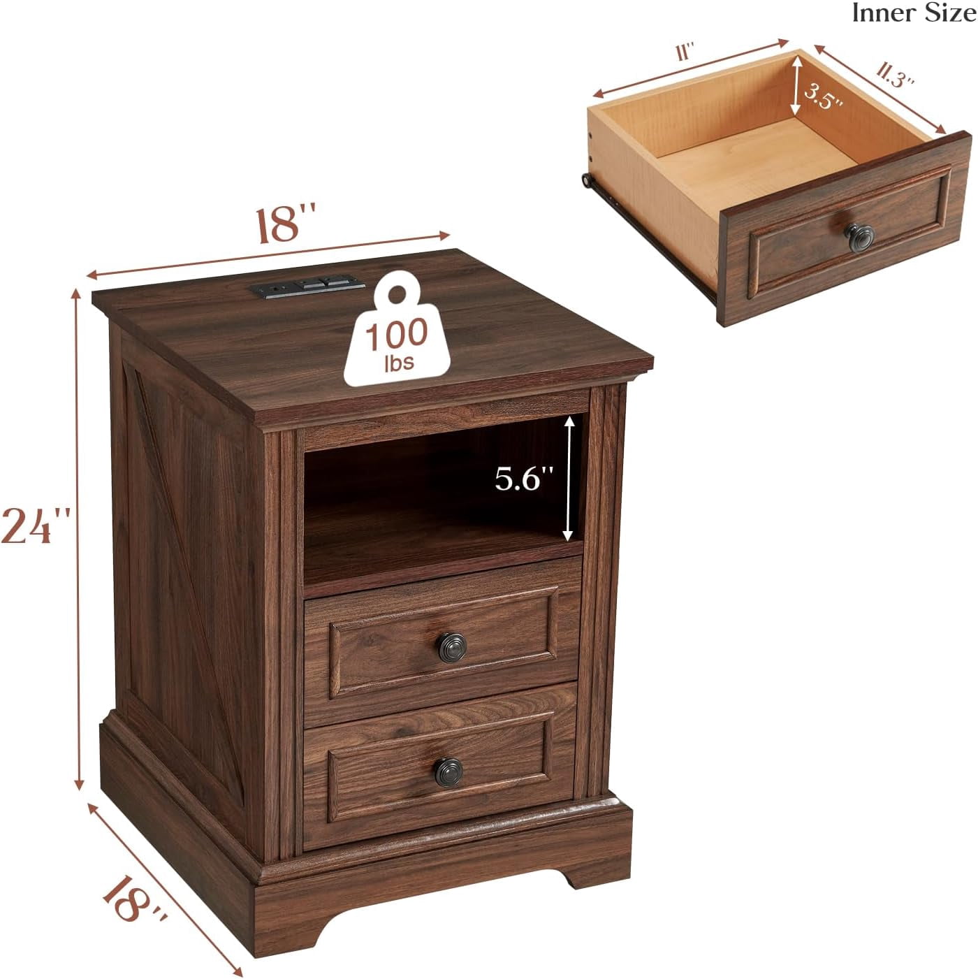 18" Farmhouse Nightstand with Charging Station,Side Table with 2 Drawers and Open Storage, Side Table,Bedside Cabinet for Bedroom,Living Room,Brown