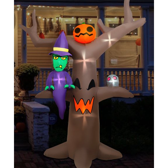 Firstness 8ft Halloween Inflatable, Witches Ghosts Trees Inflatable with LED Lights for Halloween Outdoor Holiday Yard Decorations