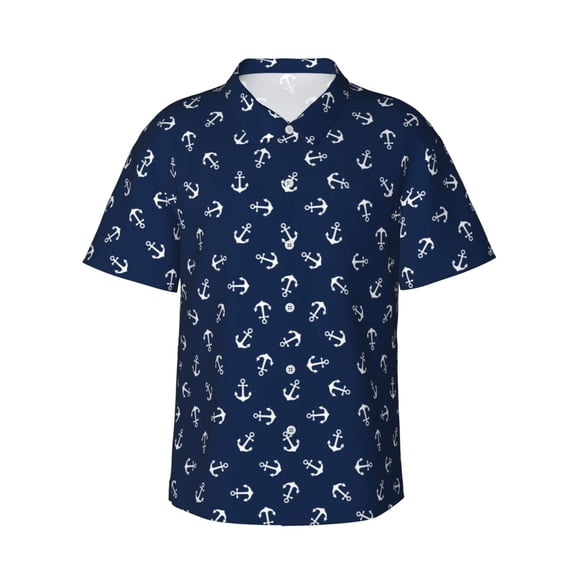 Kuqiui Nautical Themed Simple Anchors Pattern Men's Casual Button-Down Shirts Hawaiian Shirt Short Sleeve-Large