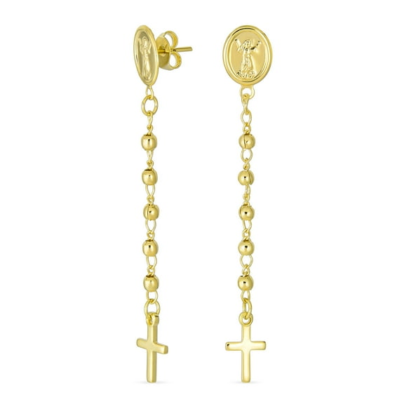 Bling Jewelry Womens Minimalist Linear Ball Chain Angel Dangle Cross Earrings 18K Gold Plated Brass