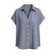 thumbnail image 5 of Craaazy Women's Short Sleeve Tops Gingham Print Tie Front Collared Button Down Shirts for Casual Daily Wear, 5 of 6