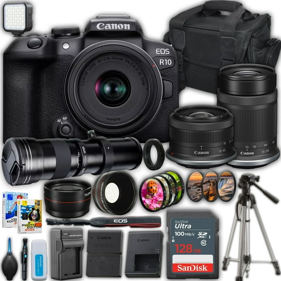 Canon EOS R10 Mirrorless Camera with 18-45mm and 55-210mm Lenses Kit   420-800mm Super Telephoto Lens   SanDisk 128 GB Memory Card   Camera Case   More (International Version)