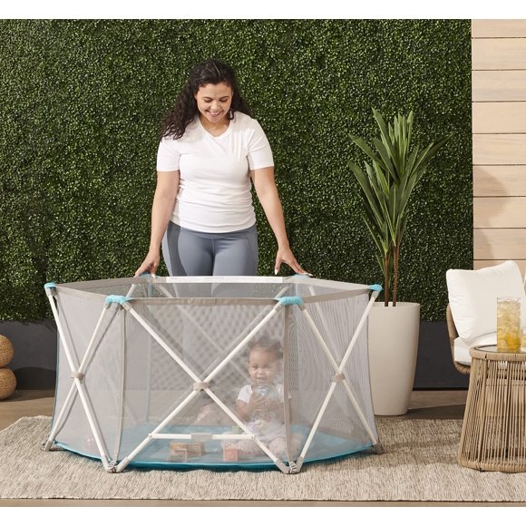 Regalo My Portable Play Yard Indoor and Outdoor, Washable, WhitegrayTeal, 6-Panel