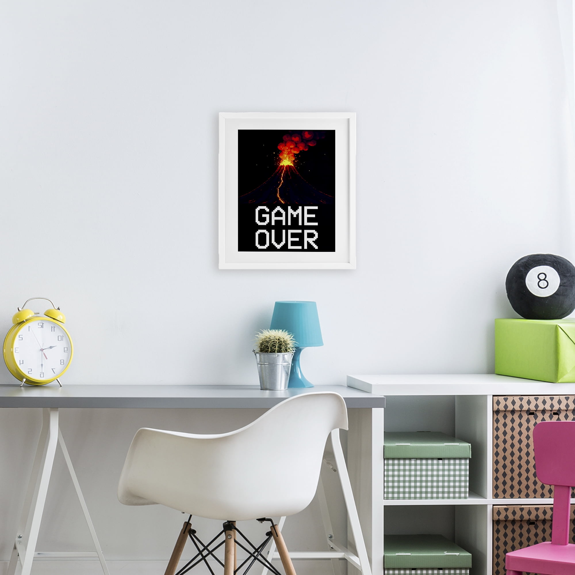 Pixel Volcano Game Over White Framed Print Under Glass, design by Kim Allen