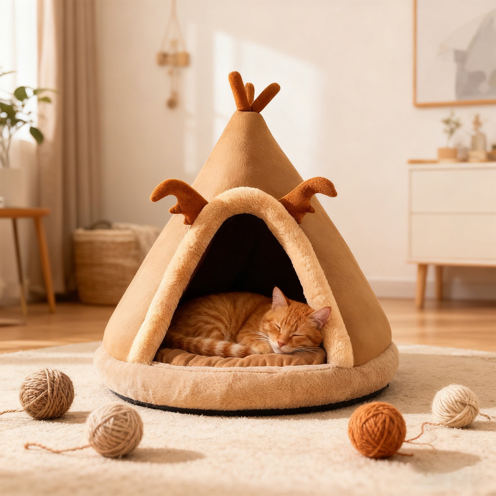 Deer Antler Teepee Pet Bed With Thick Cushion Cozy Cat Tent Bed For Indoor Small Animals(Brown-15In)