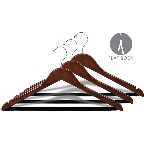 Wood Suit Hanger w/ Velvet Non-Slip Bar, Box of 50 Space Saving 17 Inch Flat Wooden Hangers w/ Walnut Finish & Chrome Hook & Notches for Shirt Dress or Pants by International Hanger
