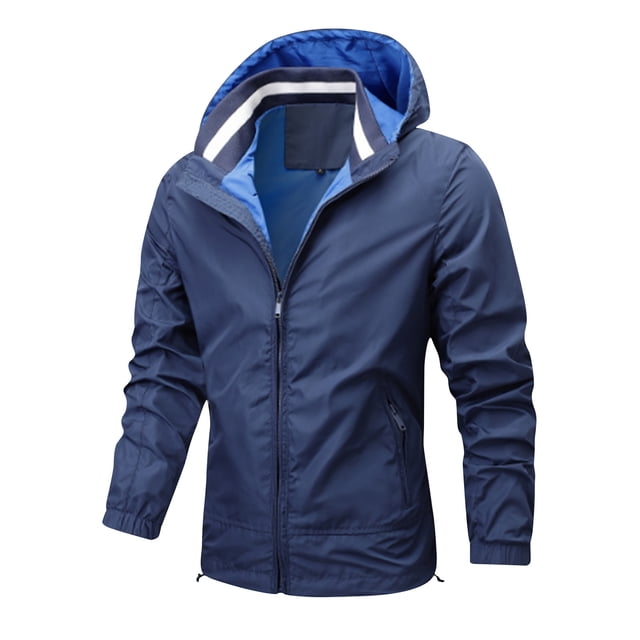 WRKEKC Men's Windproof Hardshell Jacket Long Sleeve Hooded, Breathable Outdoor Solid Color Coat for All Weather Activities Blue XS
