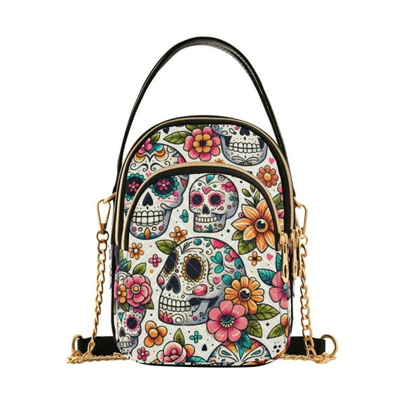 joogoo Women Skull Skeletons and Flowers Chain Crossbody Bags Shoulder Handbag Phone Purse