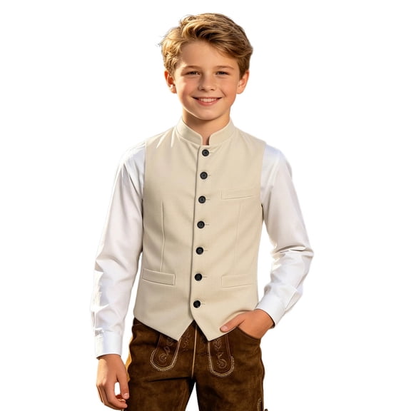 Boys Oktoberfest Stand Collar Vest Formal Sleeveless Waistcoat with Single Buttons Kids Bavarian Style Vest Jacket for Festival Casual Wear(Beige,13-14 Years )