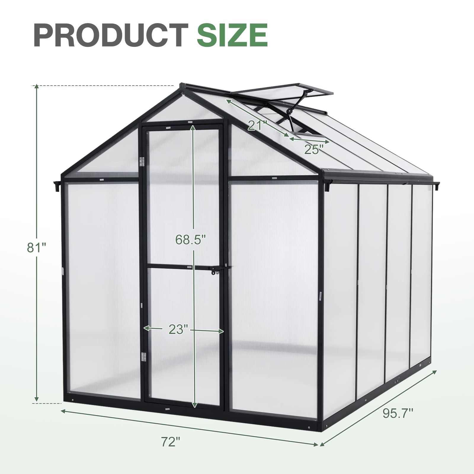Aoodor 6' x 8' Outdoor Greenhouse, Walk-in Polycarbonate Greenhouse with Aluminum Frame for Outside Backyard, Black