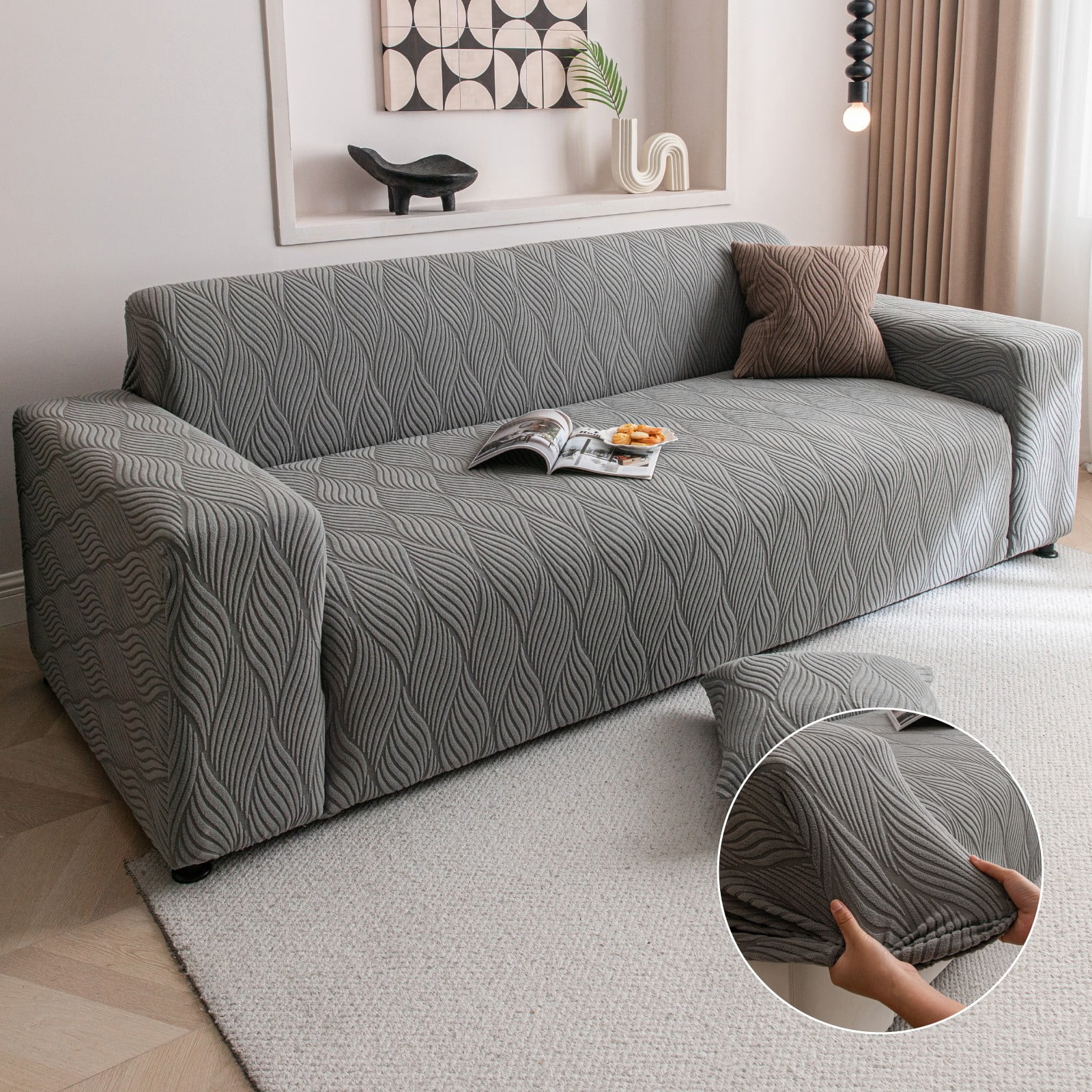 ANMINY Stretch Sofa Covers Couch Covers Furniture Protector Sofa Slipcover Leaf Pattern 3-seater (75"-90.5")