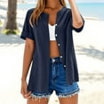 thumbnail image 2 of Olyvenn Cotton Linen Shirts for Women Trendy Roll Up Short Sleeve Tshirts Workout Button Down Plus Size Shirts Blouses Navy S, 2 of 7