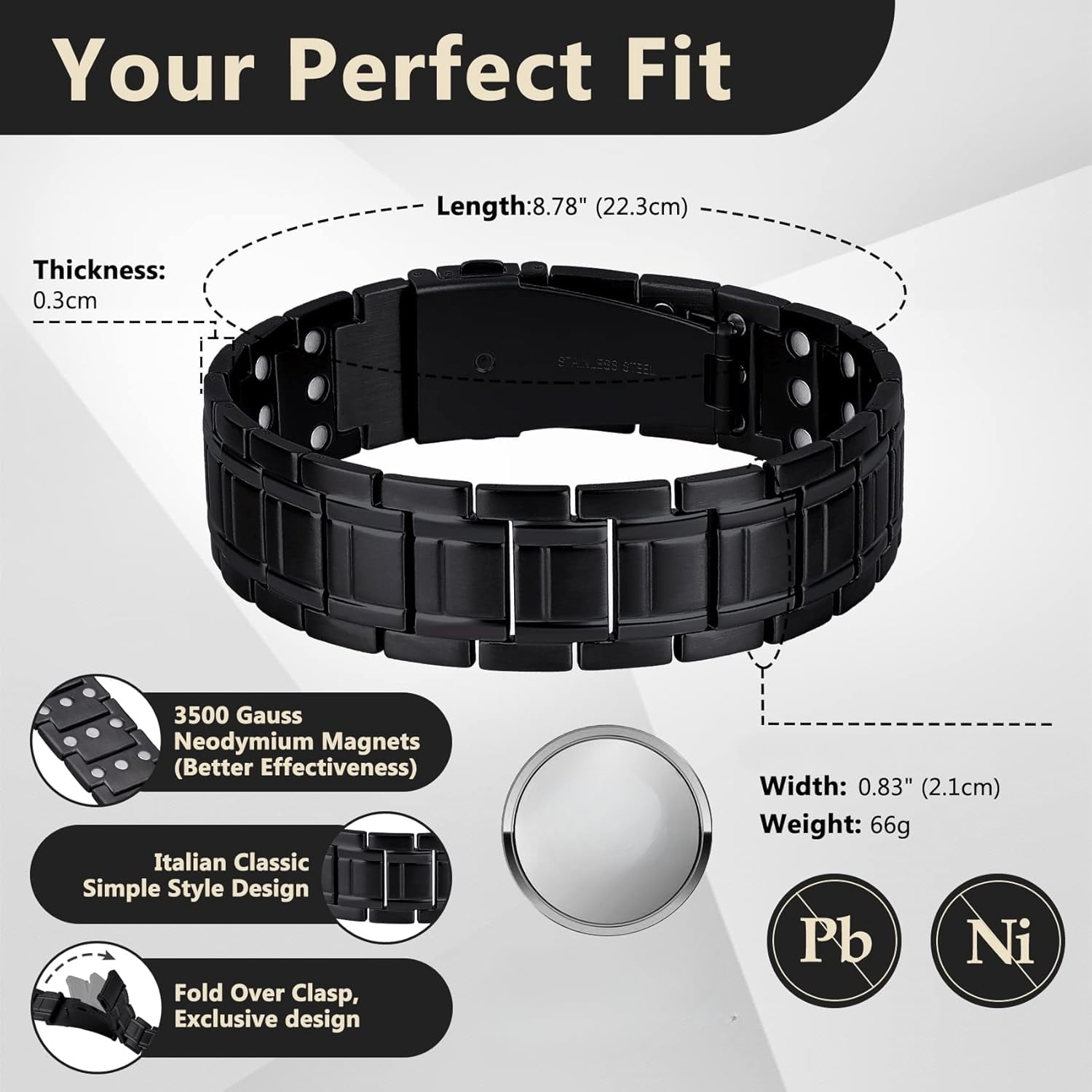 Magnetic Bracelets for Men, Stainless Steel Bracelets with 3X Magnets，8.6inches（22cm）